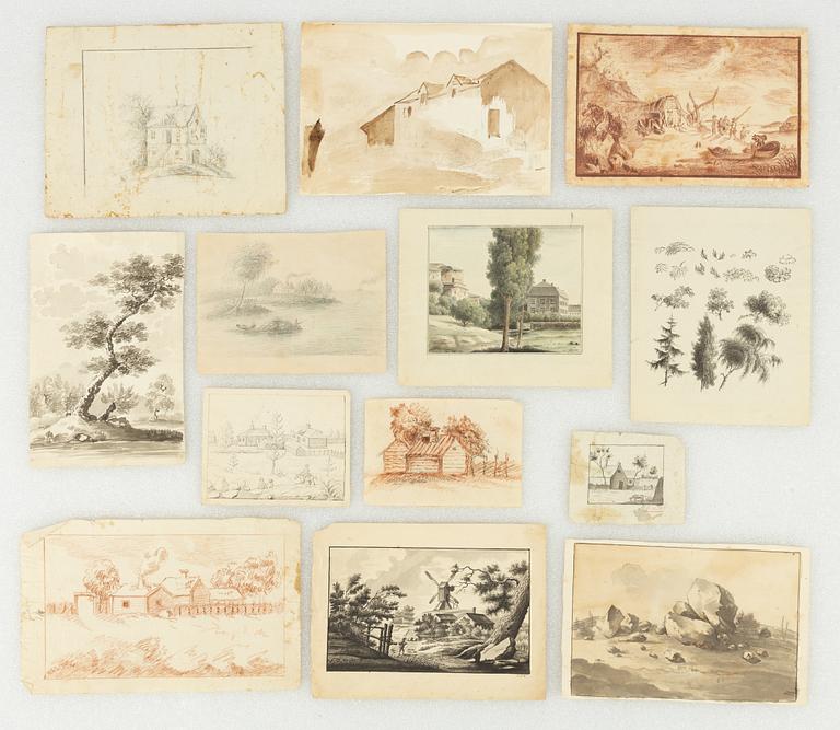 Landscape studies, 13 pieces, 17th/18th century, Including a study of a log cabin.