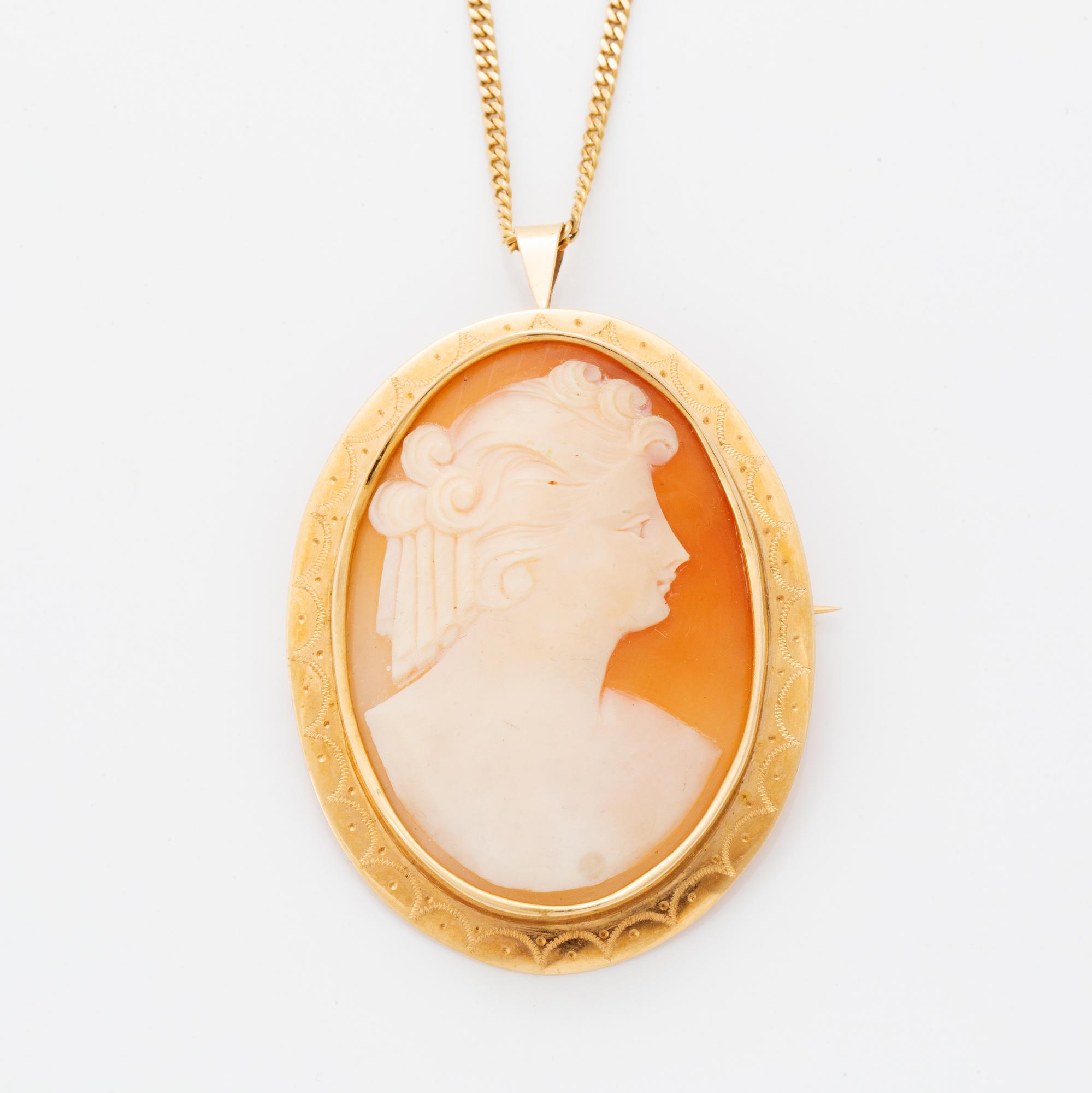 Hänge/brosch snäckalscamé med kedja 18K guld.