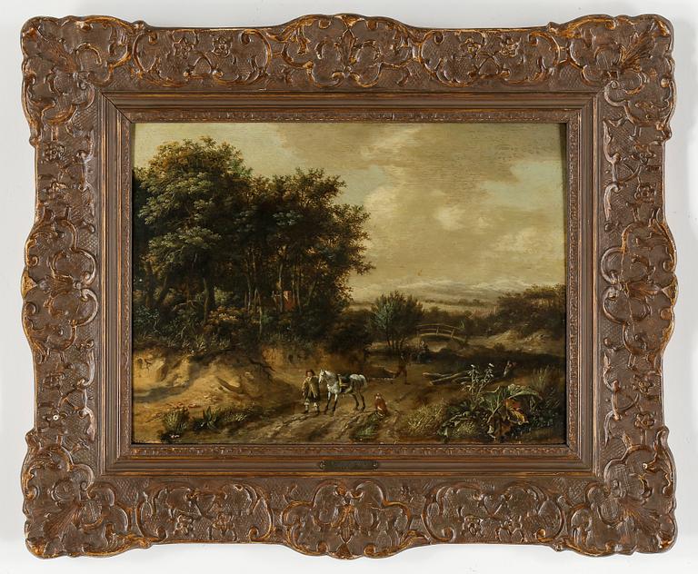 Jan Wynants (Wijnants) Attributed to, Landscape with wandering figures, a horse and dog.