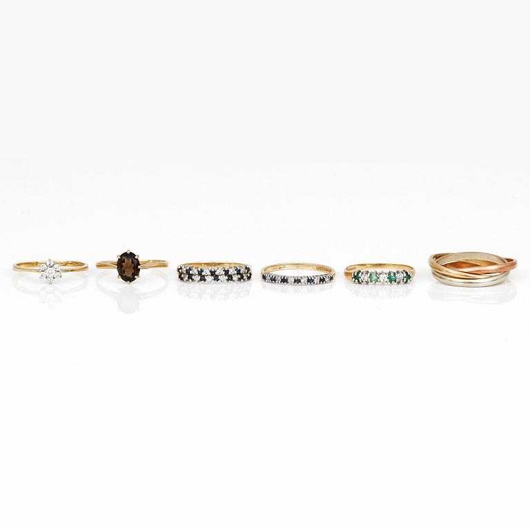 RINGAR, 6 st, mestadels 9K guld med smaragder, skapolit, cubic zirconia och troligen safirer. Total vikt ca 10,06 g.