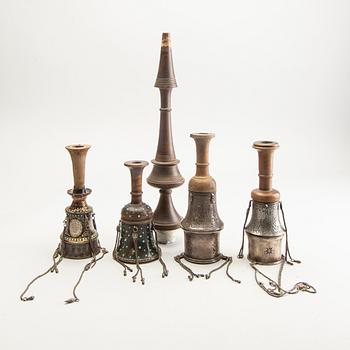 A set of four persian wooden and metal galianparts and a wooden part for the pipe, circa 1900.