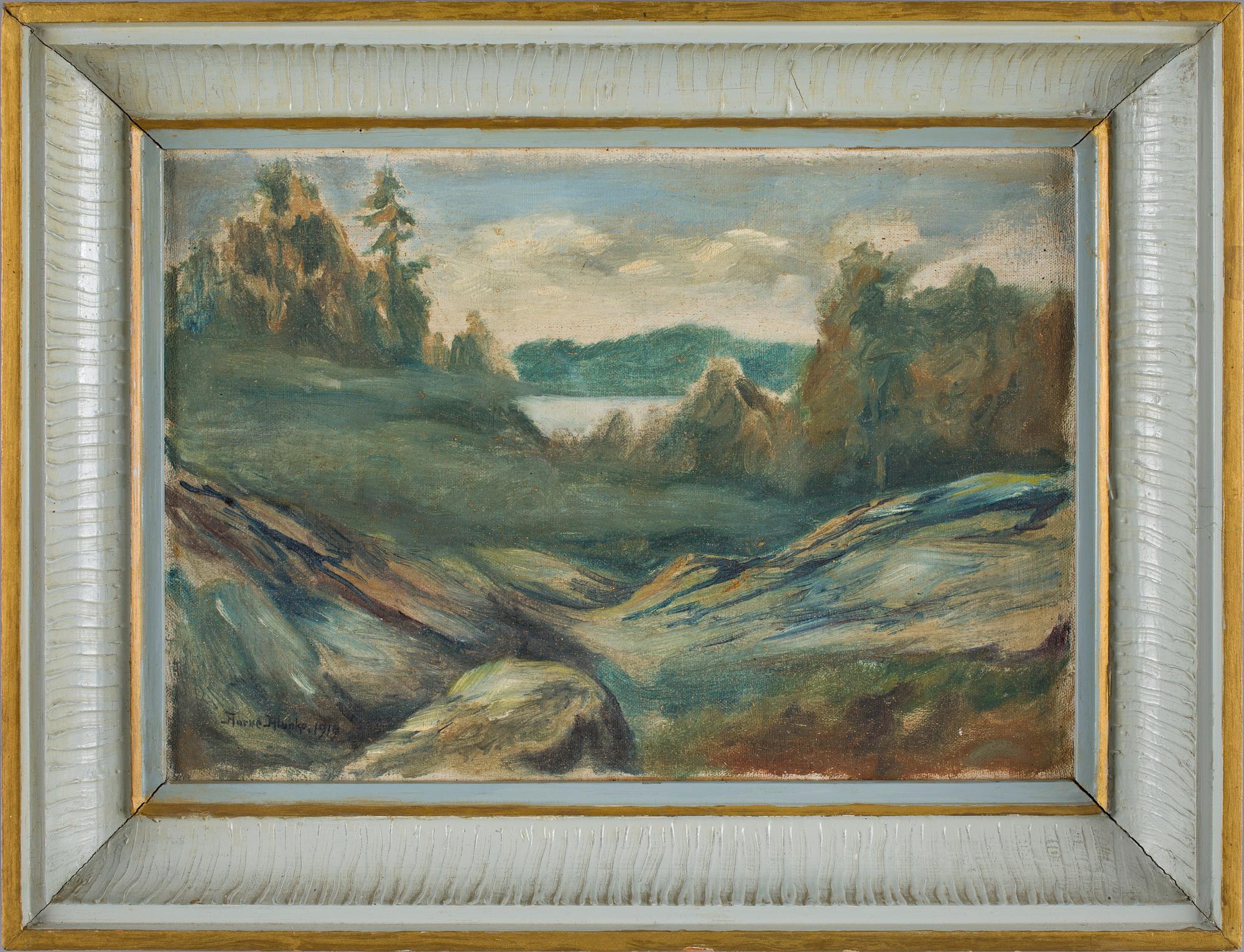 AARNE ALANKO, olja på pannå. Sign o dat 1919.
