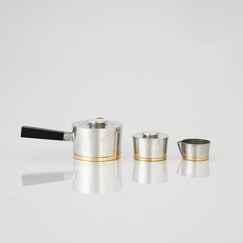 Nils Fougstedt, a pewter and brass 3 pcs tea service, Svenskt Tenn, Stockholm 1930-32-1934.
