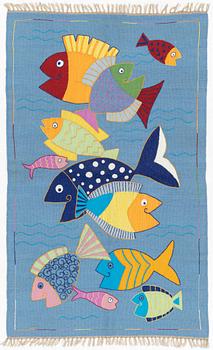 Matta, kelim, handbroderad, blå botten, ca 184 x 113 cm.