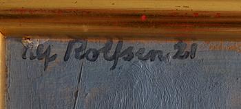 ROLFSEN, ALF, olja på pannå, sign o dat 21. Prov; Olof Sager.
