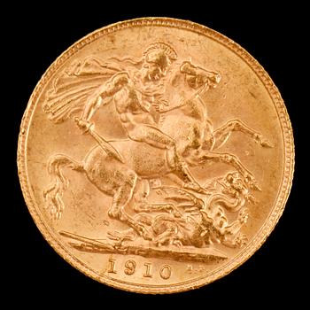 GULDMYNT, sovereign, Edward VII, Storbritannien, 1910. Vikt ca 8 g.