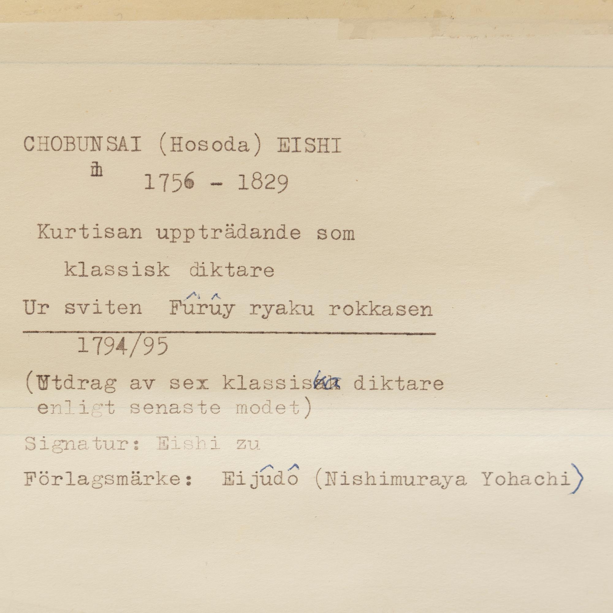 Chobunsai Eishi, troligtvis efter, färgträsnitt, Japan, 1800-tal.