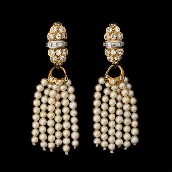 A PAIR OF EARRINGS, brilliant and baguette cut diamonds, cultured pearls, 18K gold.