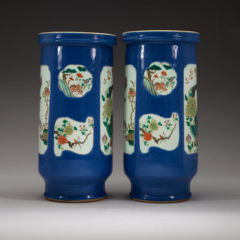 A pair of famille verte and powder blue vases/umbrella stands, Qing dynasty, circa 1900.