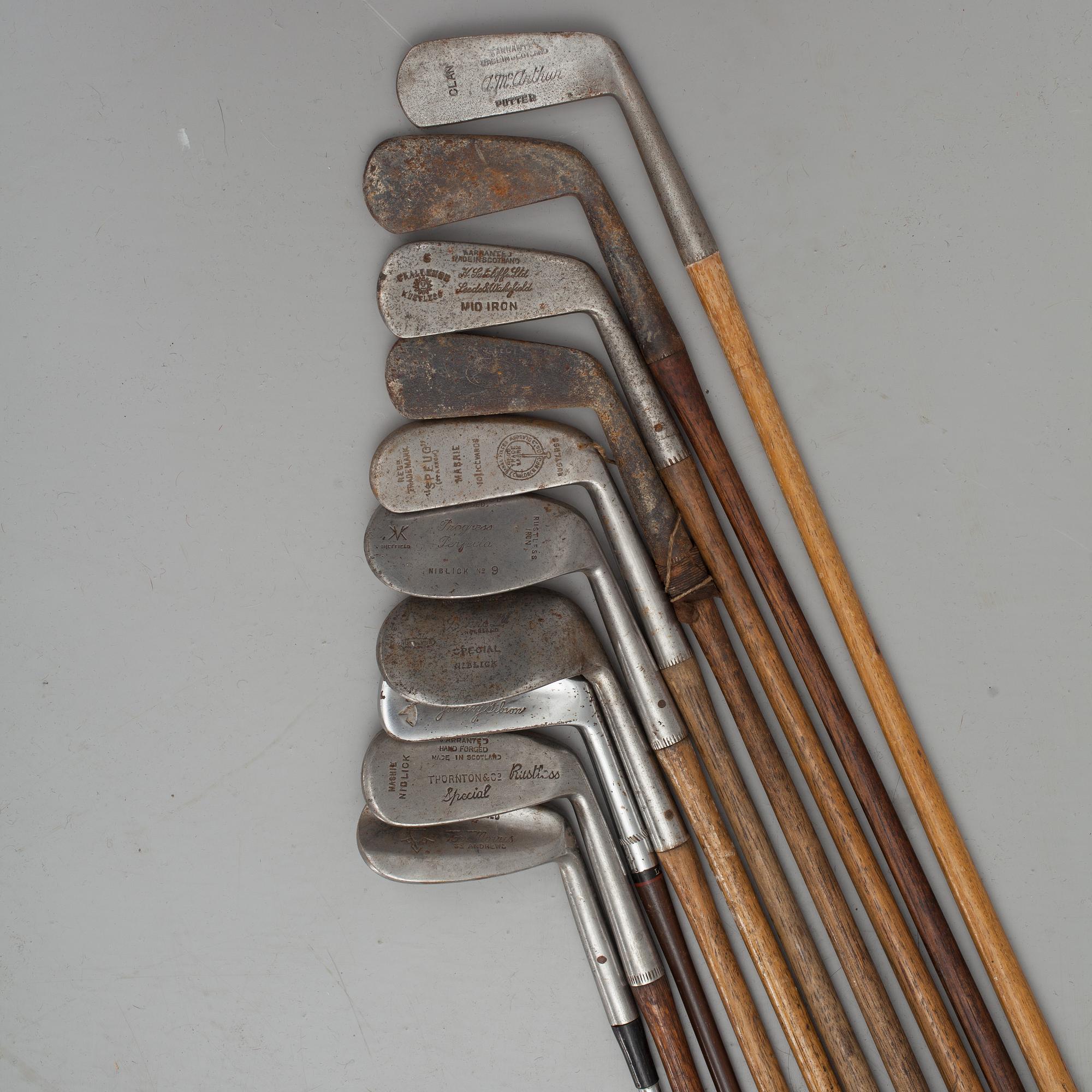 PARTI GOLFKLUBBOR, 10 st, järn, 1900-talets första hälft.