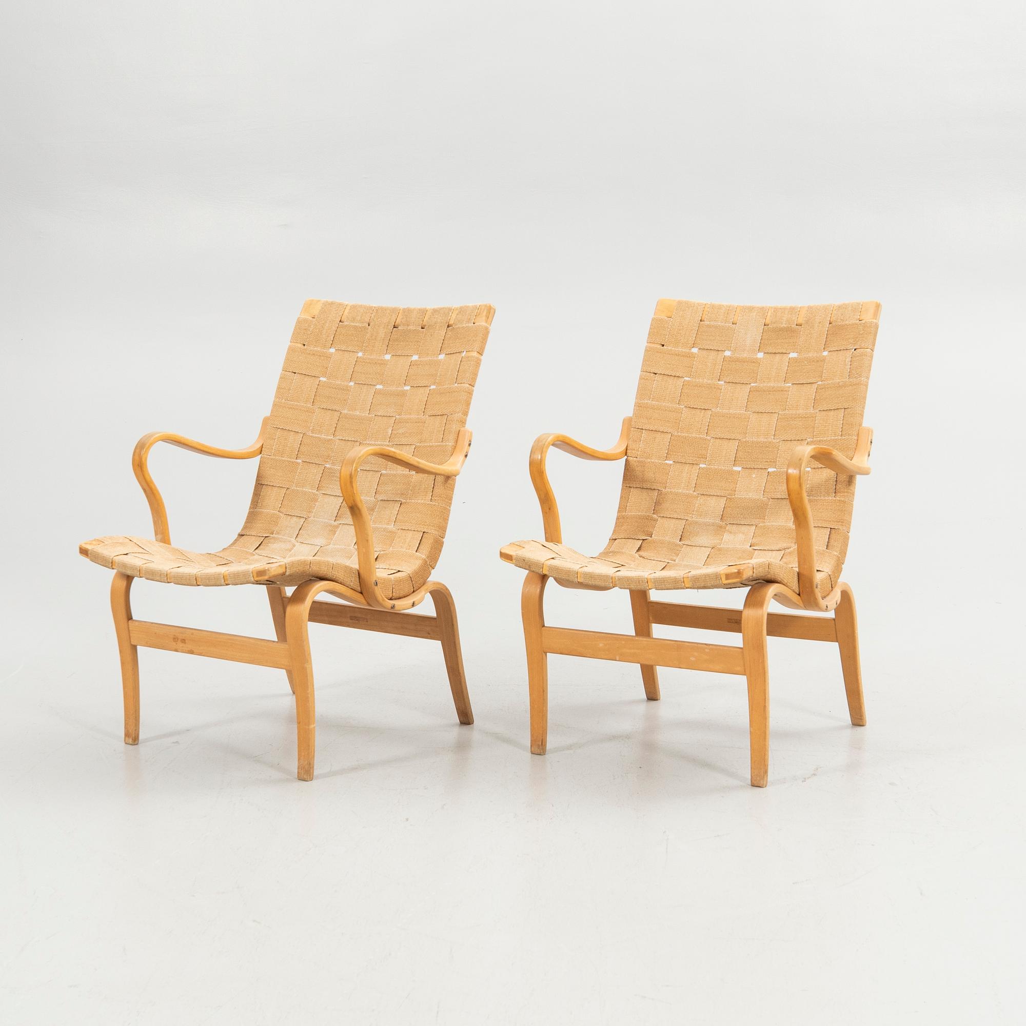 Bruno Mathsson, Armchairs, a pair, "Eva", Karl Mathsson Company, Värnamo 1978.