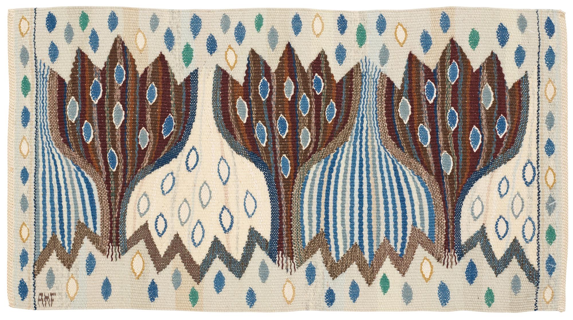 TEXTILE. "Blå Crocus". Tapestry weave variant (Gobelängvariant). 31,5 x 59 cm. Signed AMF.