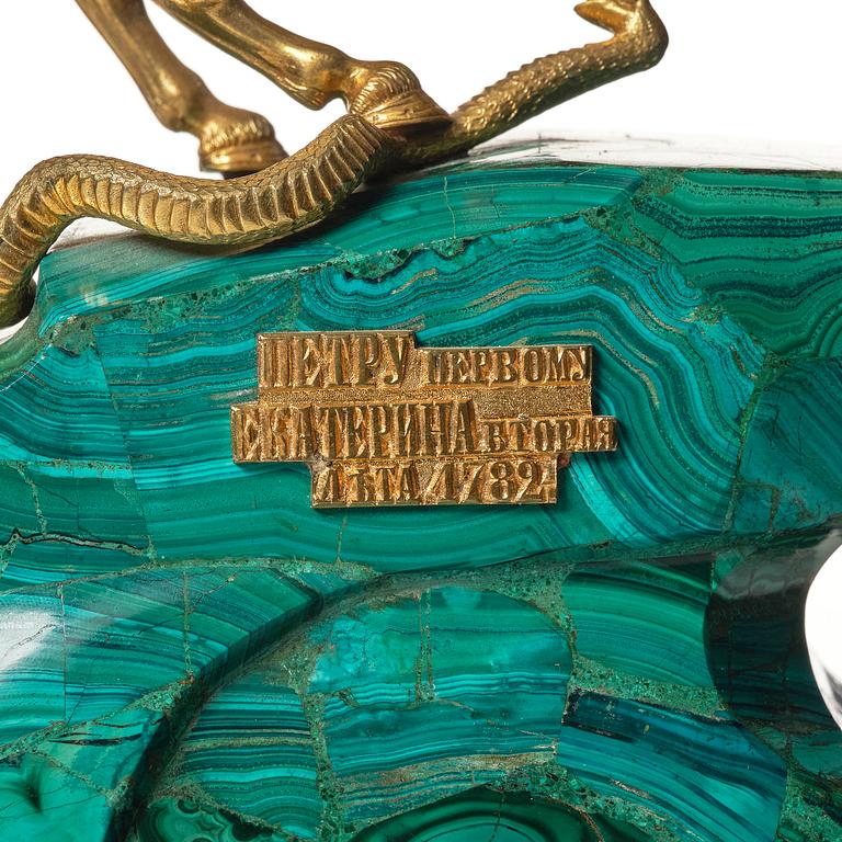 A malachite and gilt bronze sculpture of Peter the Great on horseback after Falconet, 19th century.