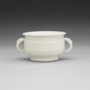 A blanc de chine censer, Qing dynasty (1644-1912), with a Hall-mark to base.