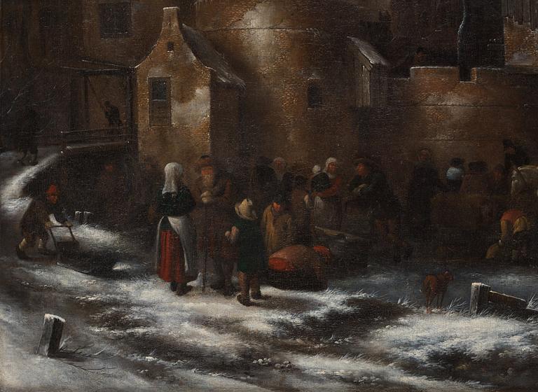 Klaes (Nicolaes) Molenaer Attributed to, Winterlandscape with figures outside the city wall.