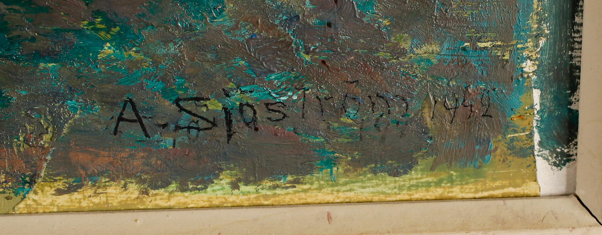 ALBERT SJÖSTRÖM, olja på pannå, signerad och daterad 1942.