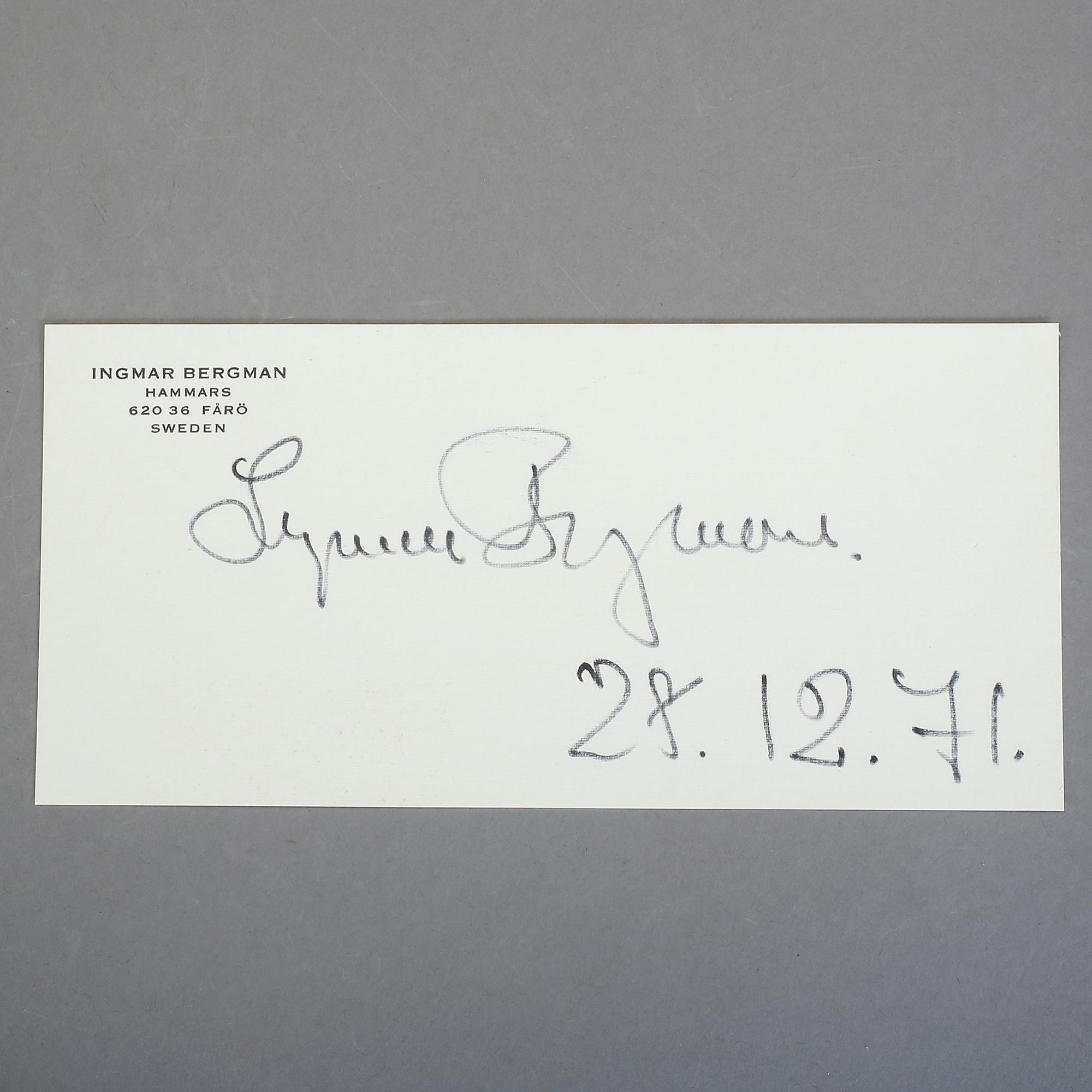 INGMAR BERGMAN, brevkort med namnteckning, dat 28.12. 71.