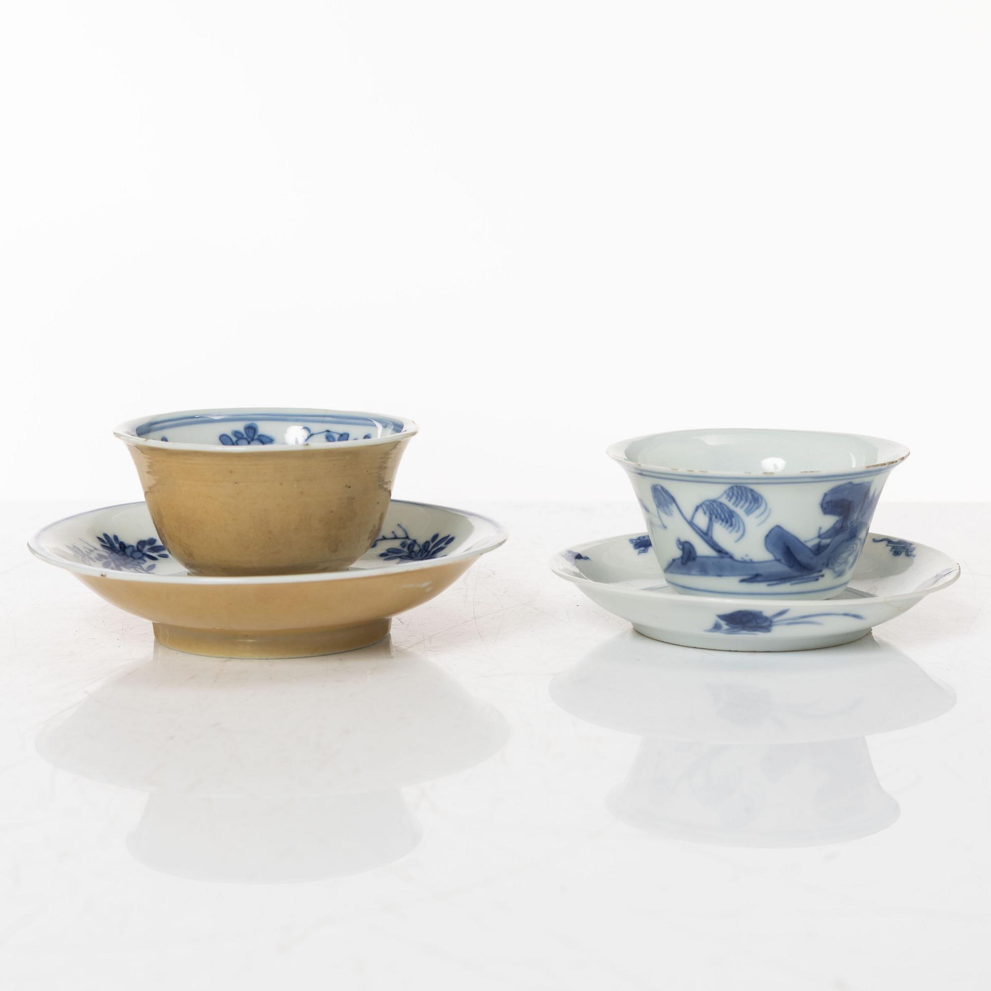 A group of three cups with saucers and two cups, Qing dynasty, 18th century.