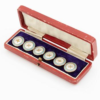 West/shirt buttons, six pieces, gilded with enamel and mother-of-pearl.