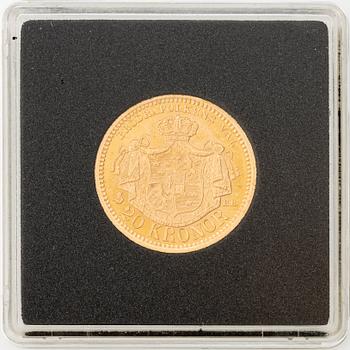 Gold coin, Oscar II, 20 kronor, type III, Sweden 1879.