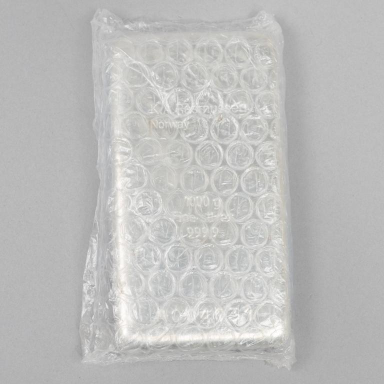 A silver bar, 1000 grams of fine silver, K.A. Rasmussen, Norway.