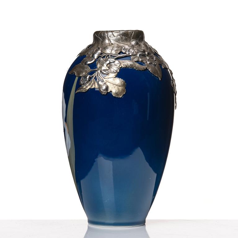 Anton Michelsen, & Royal Copenhagen, a porcelain vase with sterling silver mouth, Copenhagen 1910.