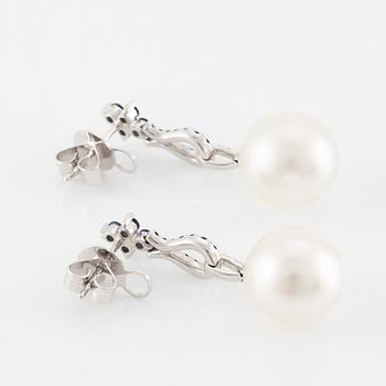 Örhängen, ett par, 18K vitguld med odlade South sea pärlor, safirer och briljantslipade diamanter.