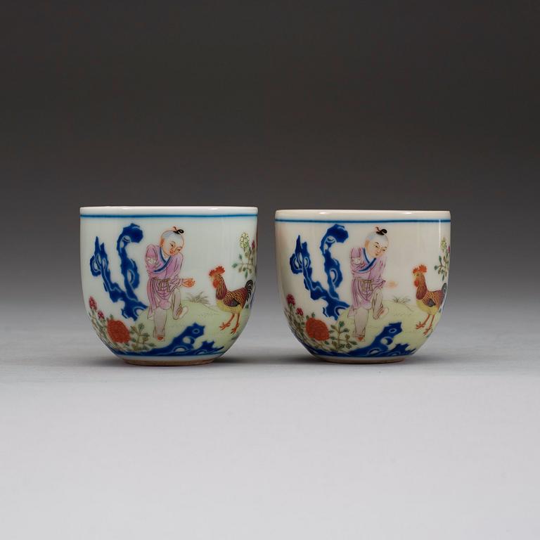 A pair of "chicken" cups, China, Republic. Whit Qianlong seal mark.