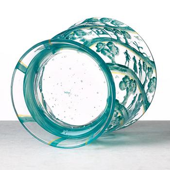 Josef Hoffmann, glasskål med lock Wiener Werkstätte, utförd för Joh. Oertel & Co, Nový Bor (Haida), Tjeckien ca 1917, emaljmålad.