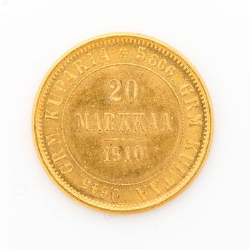 GULDMYNT, 20 mark, guldhalt 900, Finland 1910.