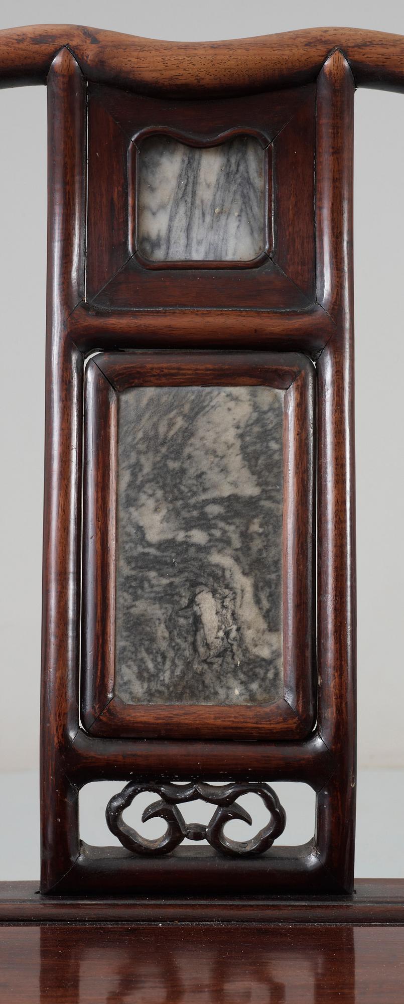 A set of eight hardwood and stone inlayed chairs, late Qing dynasty (1644-1912).