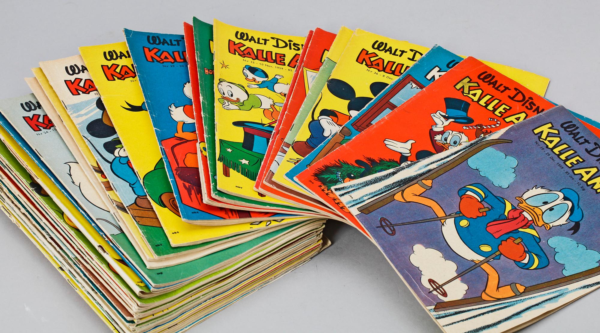 SERIETIDNINGAR, Kalle Anka, årgångar 57-59 samt diverse pysselböcker och Musse Piggs Julbok, 1936.