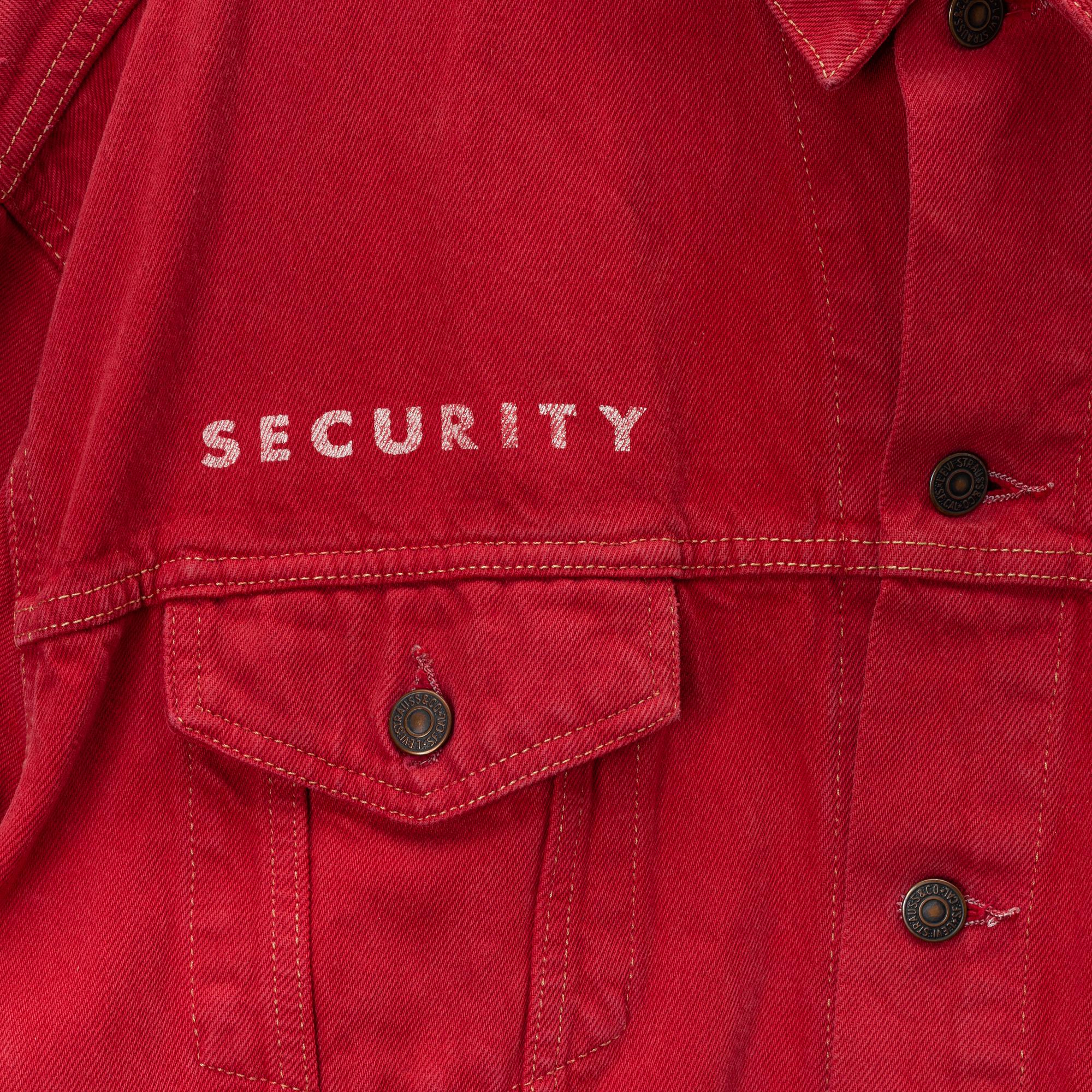 A red Levis "Security" jeans jacket from The Madonna Blond Ambition World Tour, 1990, Size XL.