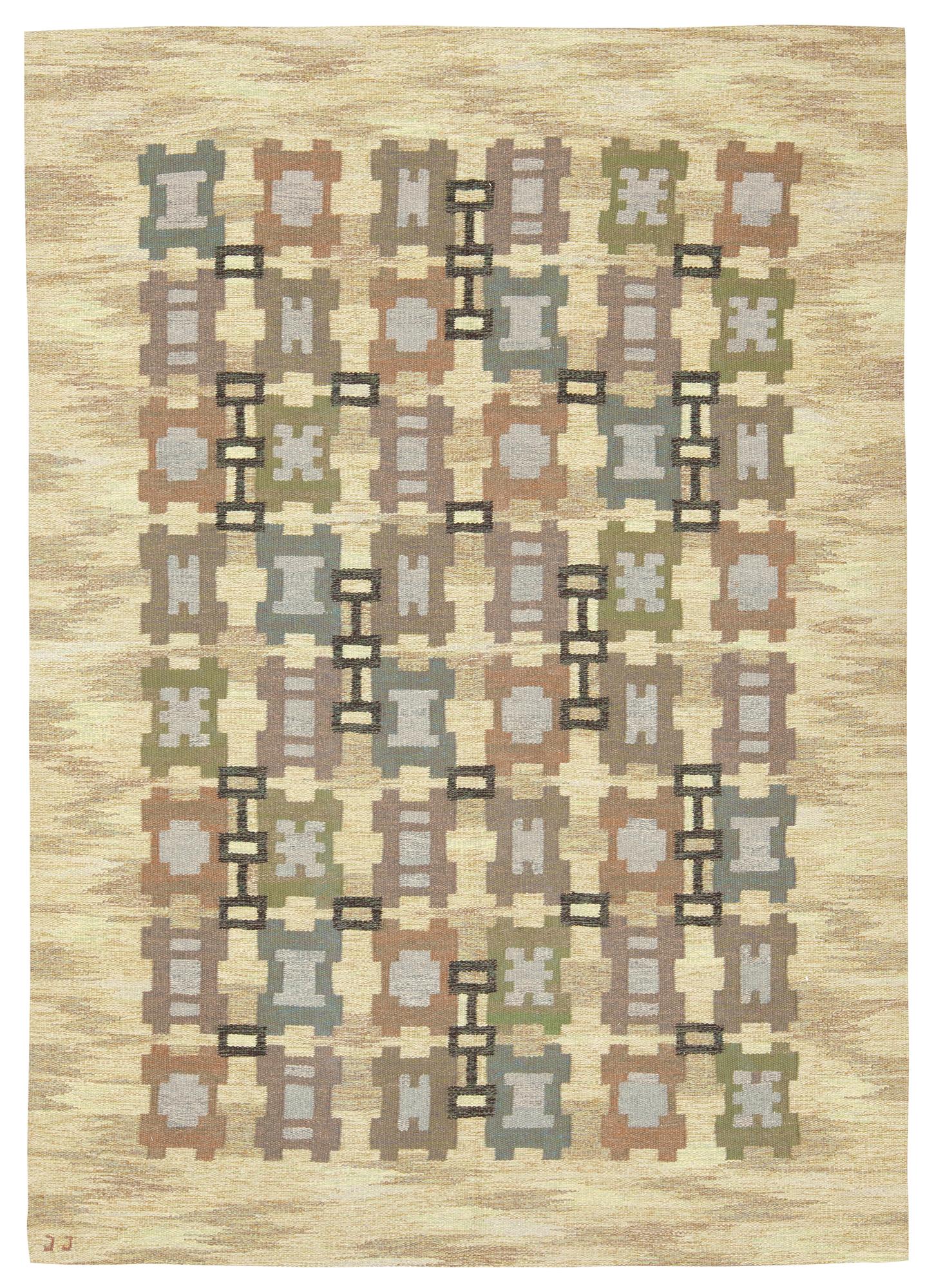 CARPET. Probably the pattern "Rutor". Flat weave (Rölakan). 270 x 192 cm. Signed JJ (Judith Johansson).