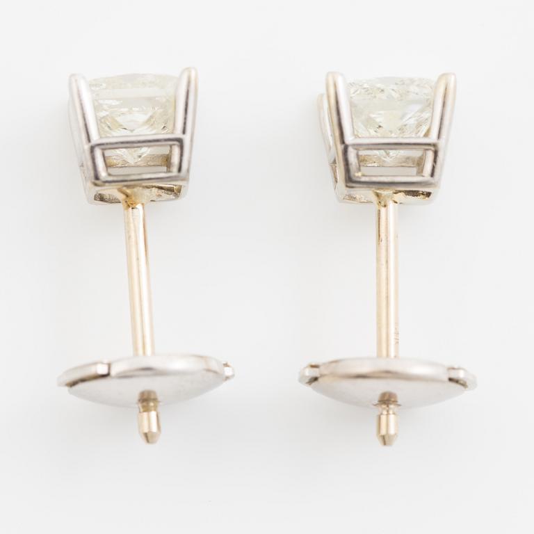 Earrings. a pair, 14K white gold with princess-cut diamonds.