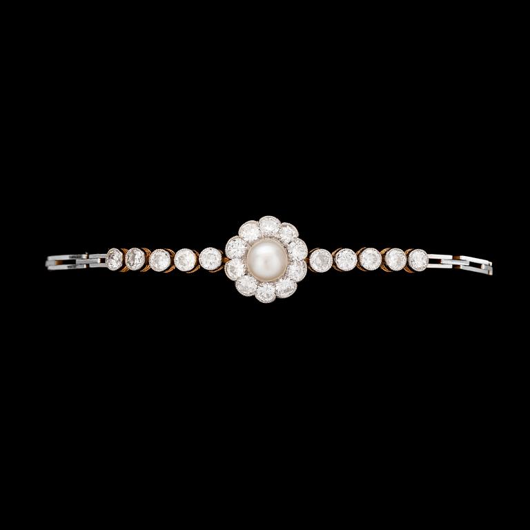 A diamond and natural pearl bracelet, 1930's.