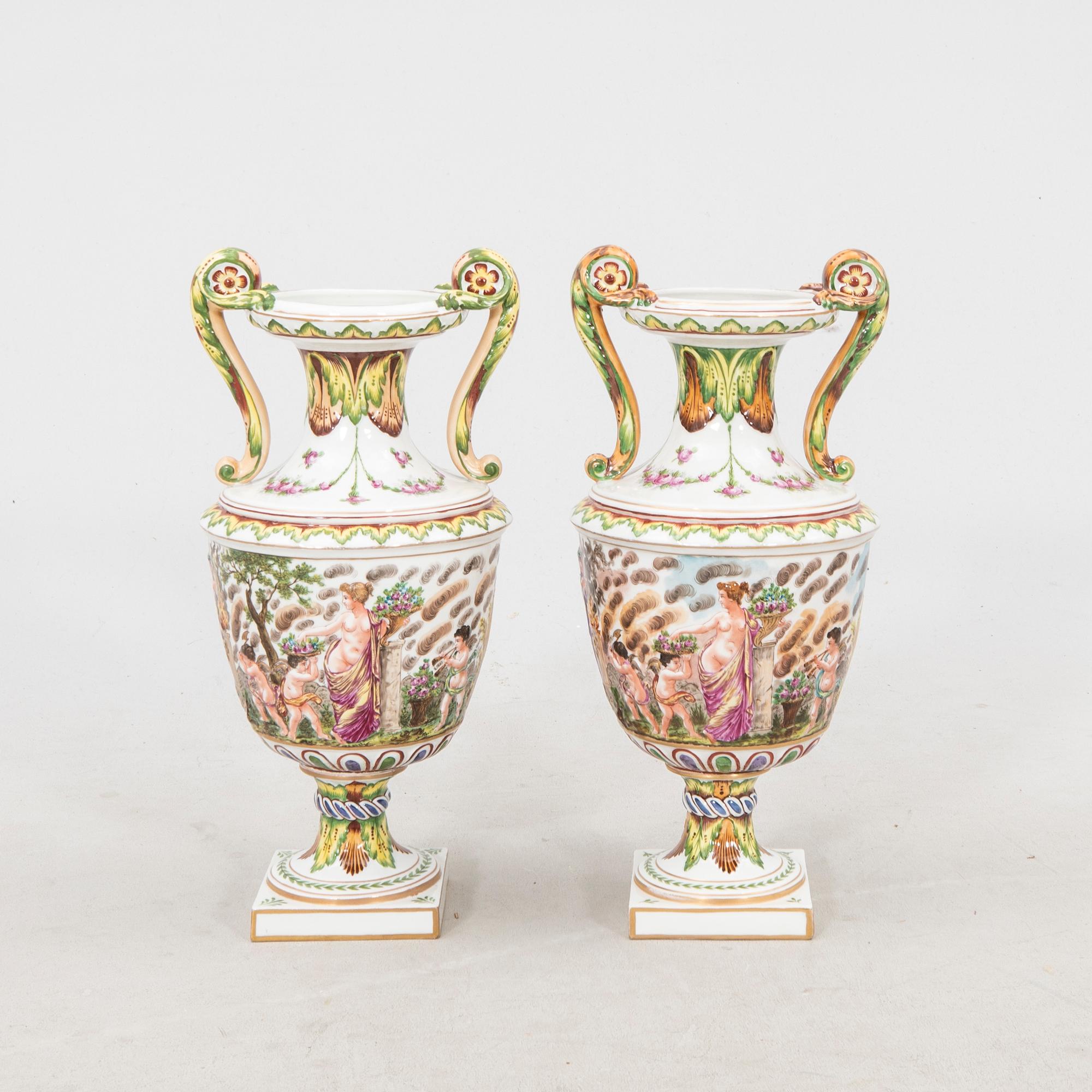 Urns a pair Capo Di Monte, Napoli-like marking, Italy, 20th century porcelain.