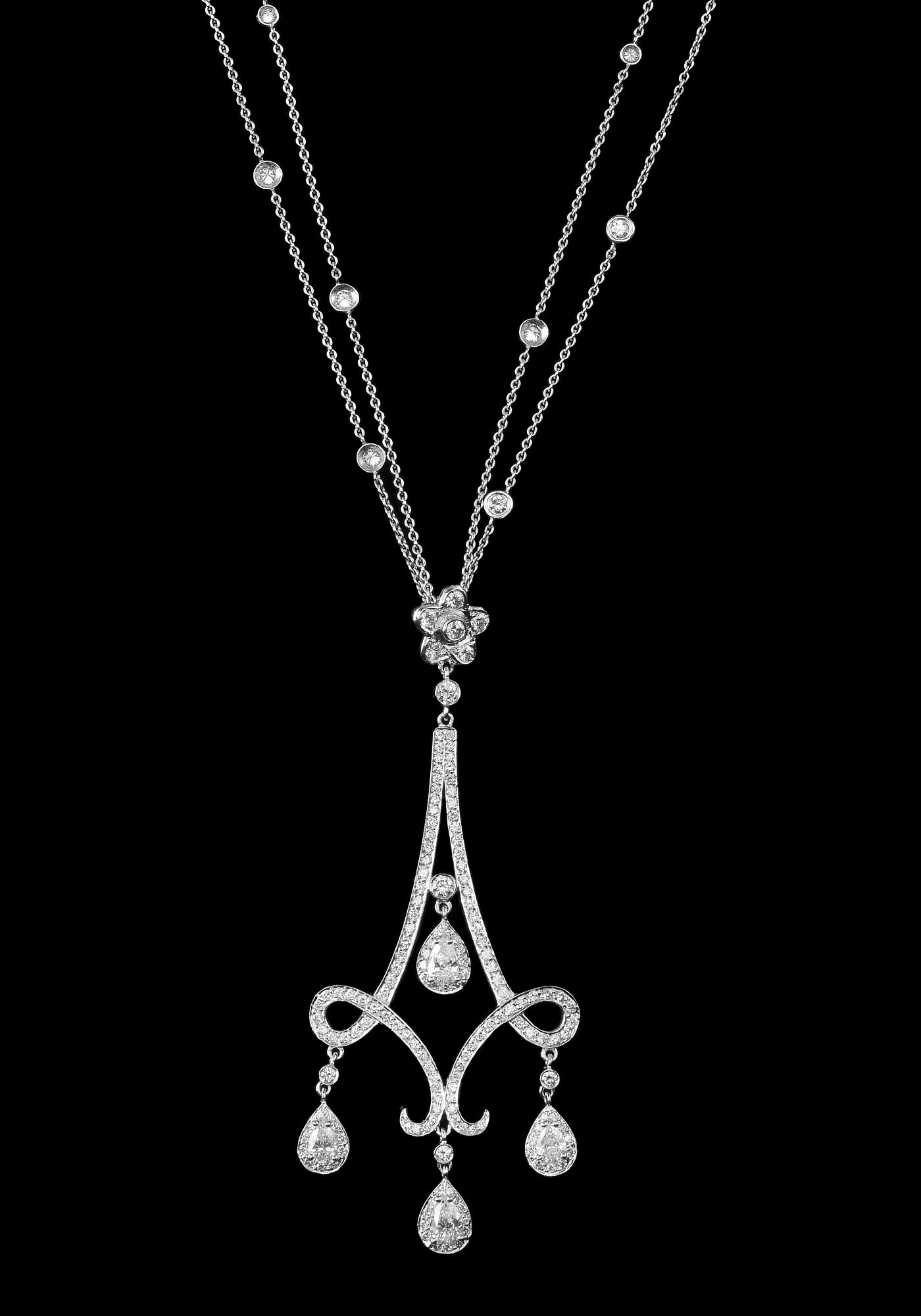 A NECKLACE, brilliant- and drop cut diamonds c. 2.56 ct. 18K white gold, weight 11 g.