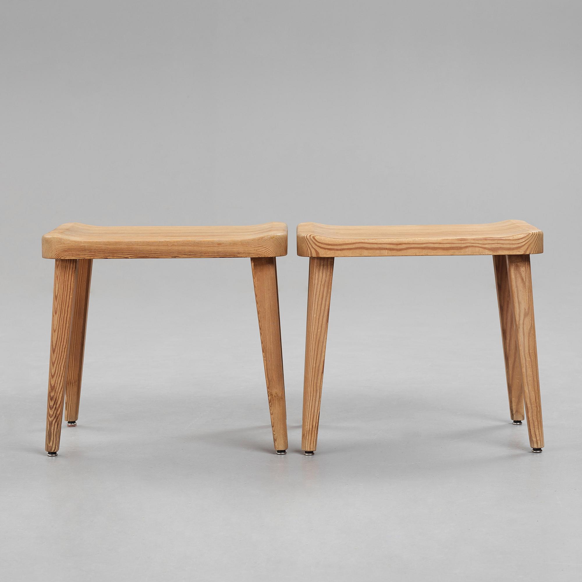 Axel Einar Hjorth, attributed to, a pair of stained pine stools, Nordiska Kompaniet, Sweden 1930's.