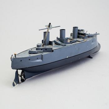 A tinplate gunboat by Gebrüder Bing, Germany, 1910s.