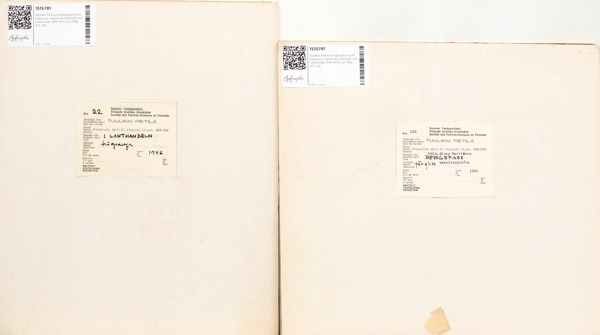 Tuulikki Pietilä, color lithograph and wood engraving, signed, dated, and numbered 1946 4/10 and 1955 4/7.
