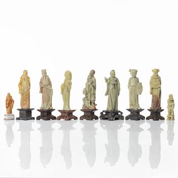 A group of nine Chinese soapstone figures, late Qing dynasty / 20th century.