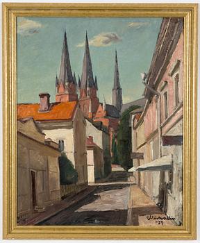 Ellis Wallin, Vy mot Uppsala domkyrka från Trädgårdsgatan.