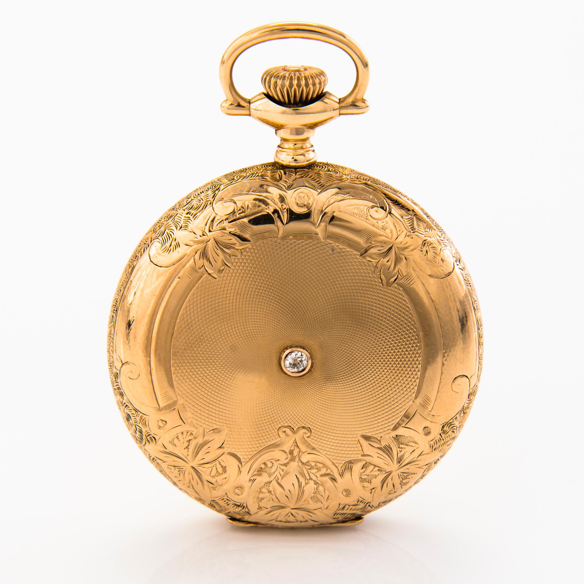 A 14K gold C.D. Peacock Keystone pocket watch with a diamond ca 0.11 ct 47 mm. Bukowskis