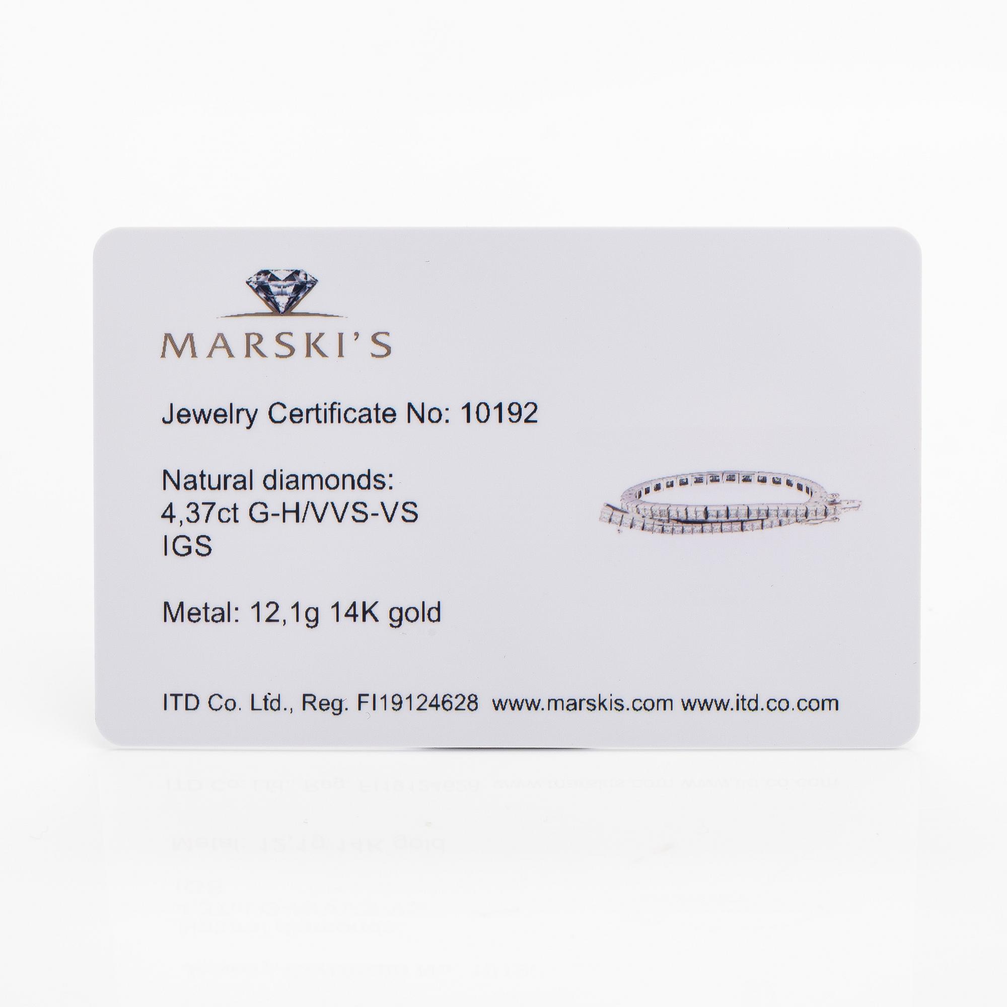 Armband, 14K votguld,  princesslipade diamanter ca 4.37 ct tot enligt certifikat.