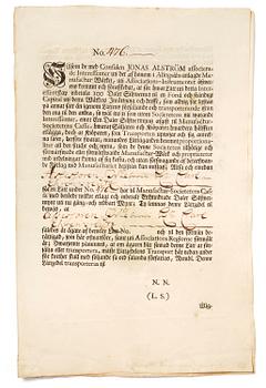 205B. A Swedish share certificate, Ahlingsåhs Manufaktur Werk, No 476, 1728.