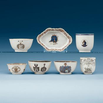 A set of six Swedish Armorial cups and a ladle dish, Qing dynasty, Qianlong (1736-95).