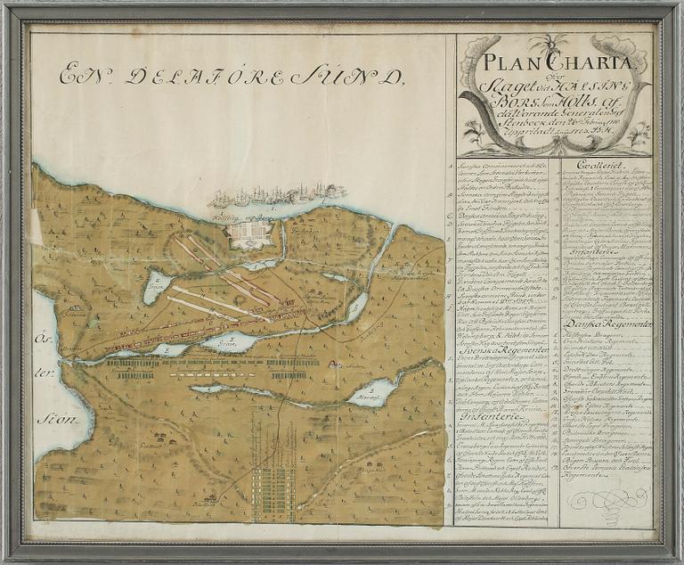KARTA, tusch och akvarell, öfver slaget vid Hälsingborg, uppritad 1783. Monogramsign.