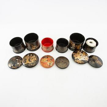 A collection of thread holders, boxes, and a tea caddy, 10 pcs Japan/Europe first half of the 20th century.