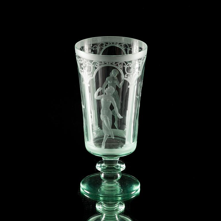 SKÅL, glas, Riihimäen Lasi, gravering möjligen Teodor Käppi, 1930-tal.